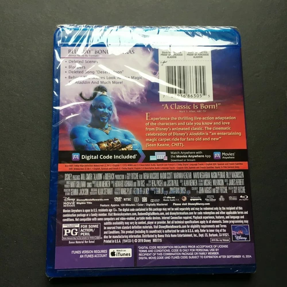 NEW DISNEY ALADDIN BLUE - RAY / DVD + DIGITAL CODE FACTORY SEALED W/ WILL SMITH - Image 2