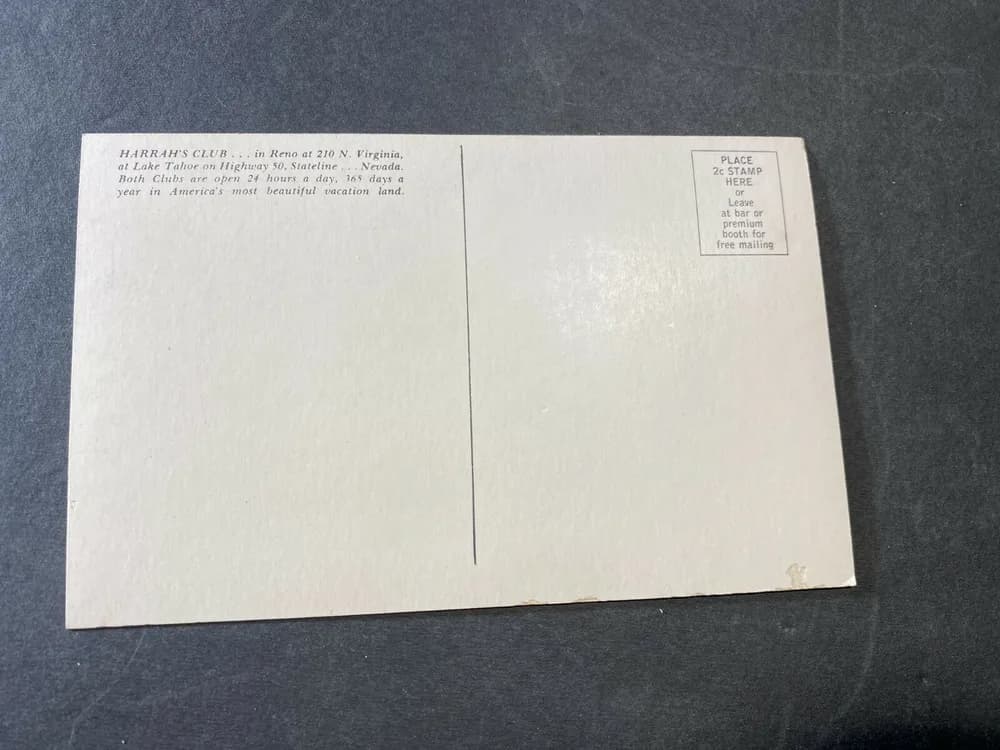 Nevada NV postcard Reno Lake Tahoe, Harrahs Club casino hotel gambling jackpot - Image 2