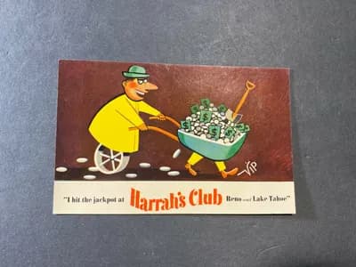 Nevada NV postcard Reno Lake Tahoe, Harrahs Club casino hotel gambling jackpot