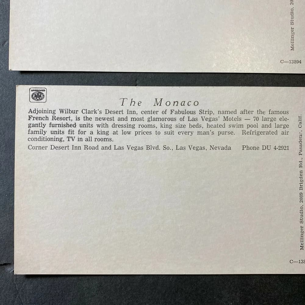 LOT OF 2: LAS VEGAS, Nevada NV~ Roadside THE MONACO MOTEL 1966 Long Postcard - Image 3