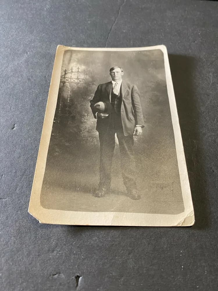 Vintage Postcard Real Photo Black And White man holding hat profile - Image 2