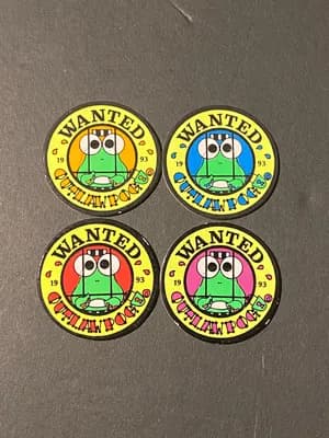 Lot of 4 Vintage 1993 Wanted Outlaw Pogs Milk Caps, Neon Yellow Rare Collectible