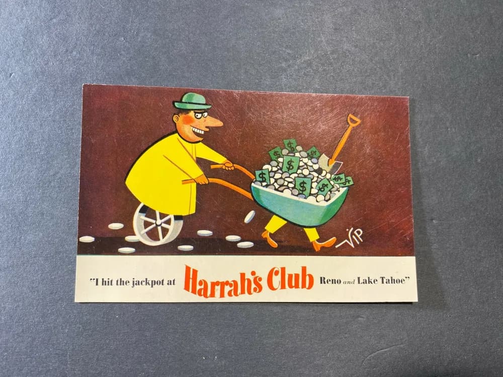 Nevada NV postcard Reno Lake Tahoe, Harrahs Club casino hotel gambling jackpot
