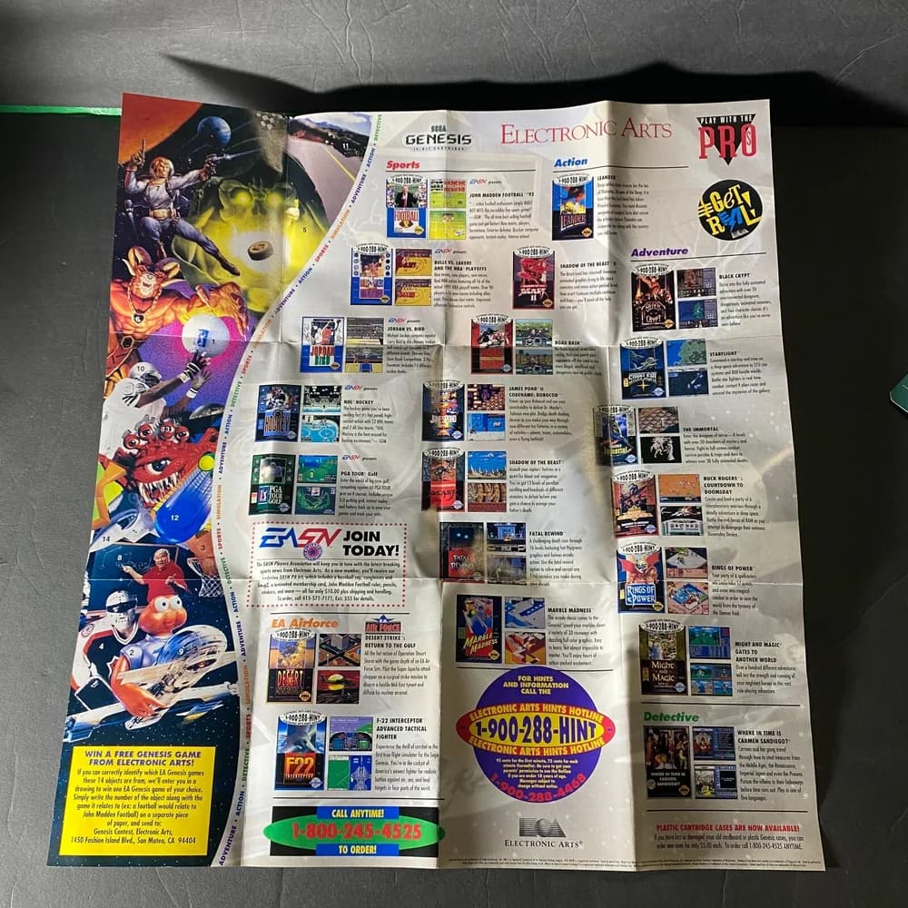 Electronic Arts "Play With The Pro's" Poster Hints Hotline Sega Genesis Insert